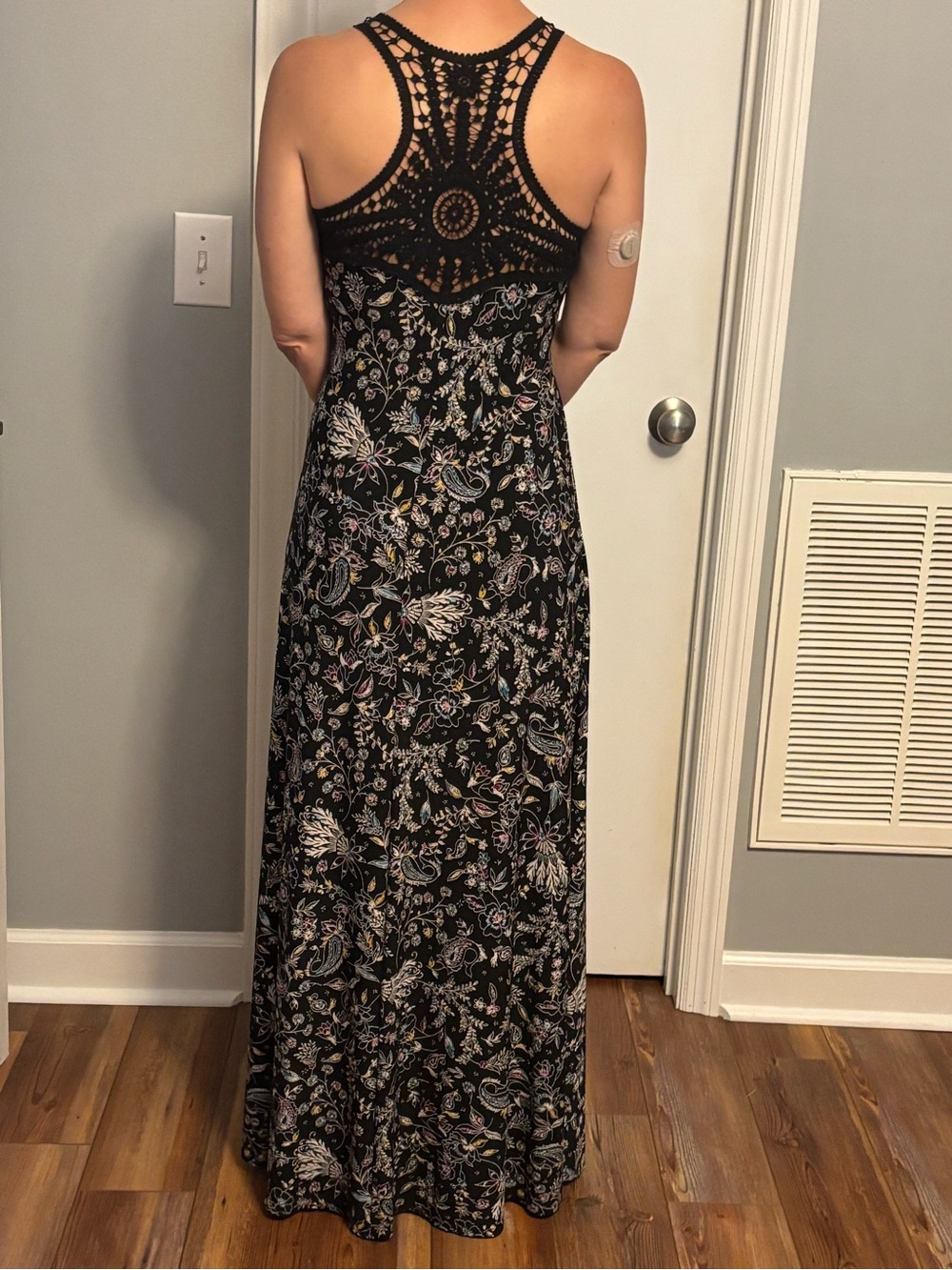 Gabby Skye Black Floral Paisley Maxi Dress with Crochet Back